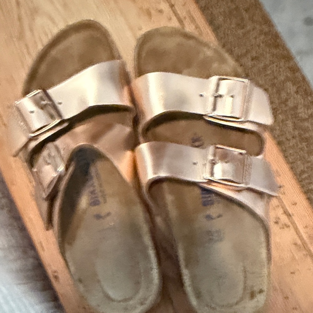 Metallic Rose Gold Double Buckle Slide Sandals Birkenstock